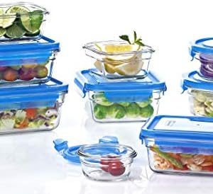 GLASSLOCK 18pc Assortment Food Storage Set - Airtight Glass Containers with Blue Lids for Microwave & Oven Use - Anti-Sp